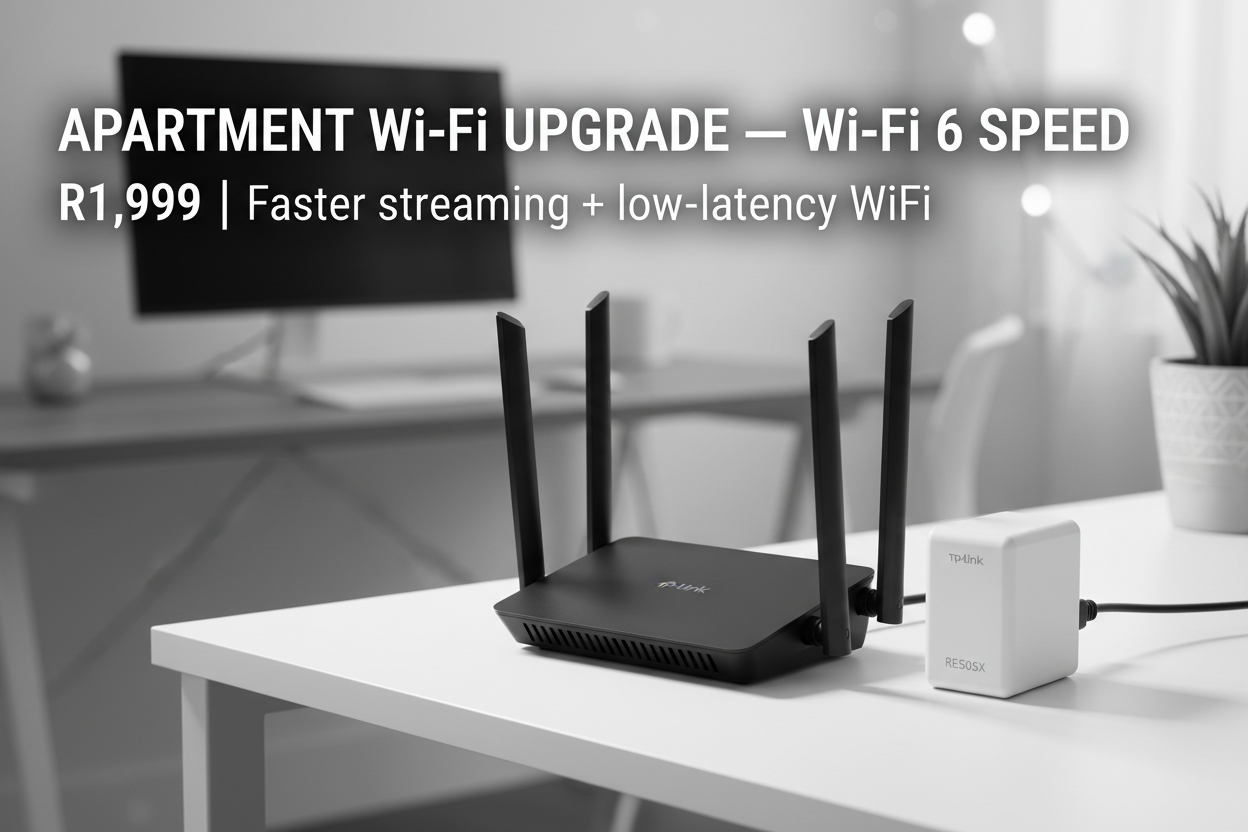 Clean high‑tech network product display.
Show:
• TP‑Link Archer AX21 Wi‑Fi 6 Router
• RE505X Wi‑Fi 6 Extender
Text overlay:
APARTMENT Wi‑Fi UPGRADE — Wi‑Fi 6 SPEED
R1,999 | Faster streaming + low‑latency Wi‑Fi
Soft home office background blur.