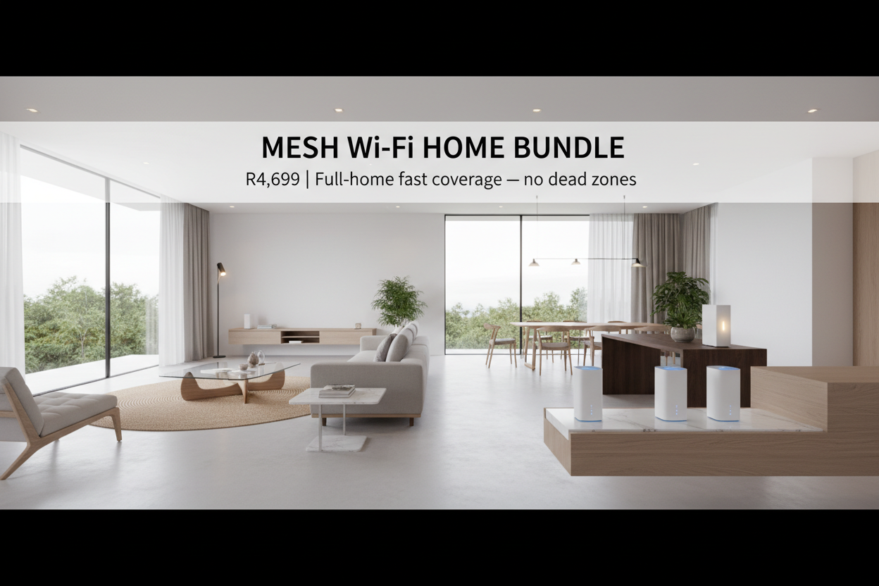 Modern home panoramic scene with mesh nodes glowing.
Show:
• TP‑Link Deco M5 3‑pack
• TP‑Link Deco XE75 Wi‑Fi 6E node
Text overlay:
MESH Wi‑Fi HOME BUNDLE
R4,699 | Full‑home fast coverage — no dead zones
Premium bright airy home, mesh lights glowing subtly.