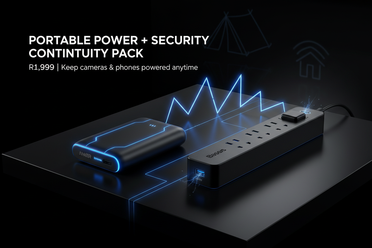 Portable power aesthetics — camping, home outage, mobile devices.
Show:
• Anker PowerCore 20,000mAh
• Baseus Smart Power Strip
Text overlay:
PORTABLE POWER + SECURITY CONTINUITY PACK
R1,999 | Keep cameras & phones powered anytime
High‑contrast black/blue energy look, sparks of power glow.
