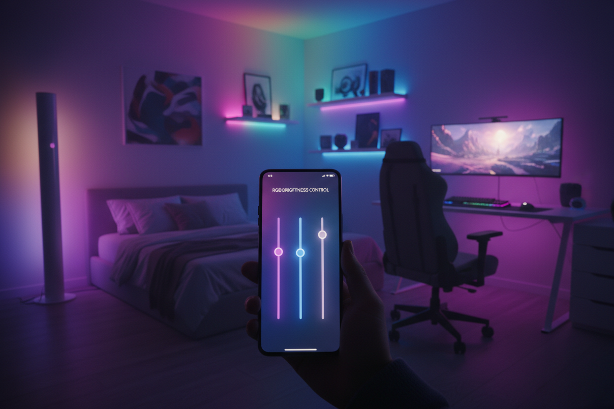 Bedroom or gaming setup with RGB ambient lighting, lamp glowing multicolour, phone app brightness controls, cozy atmosphere.