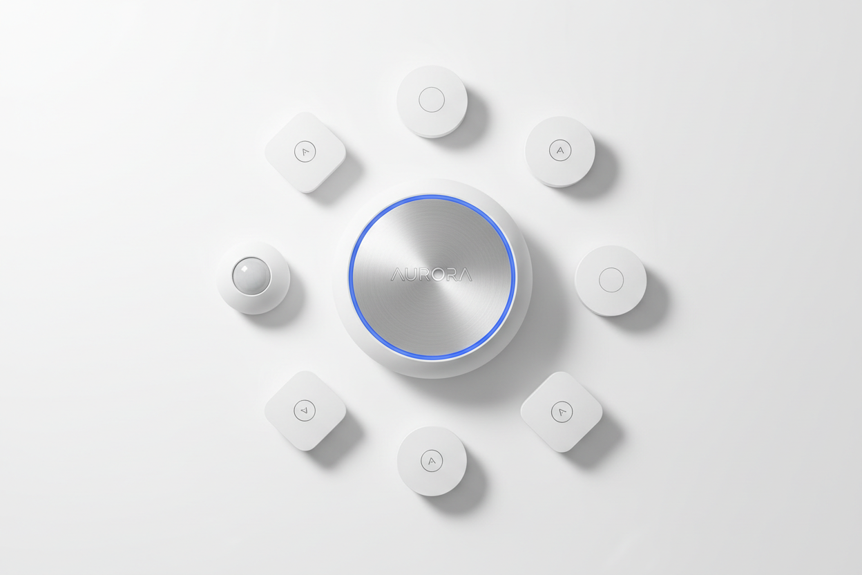 Clean top‑down product photo, hub at center, sensors neatly framed, branding visible, white minimal backdrop with subtle drop shadows.