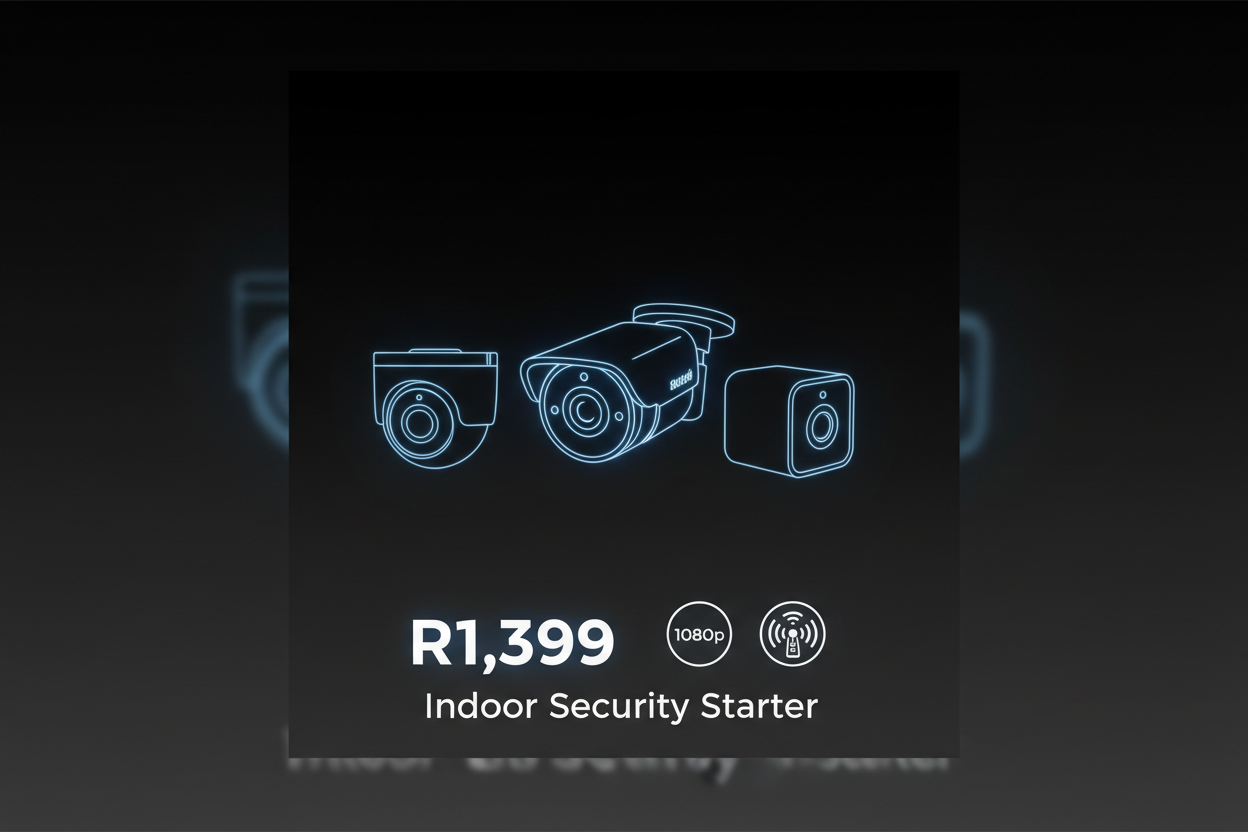 Dark gradient background with glowing outlines around each product, clean feature icons: 1080p | Remote Control | Motion Alerts, large bold text: R1,399 | Indoor Security Starter, social ad‑ready, attention‑grabbing layout.
