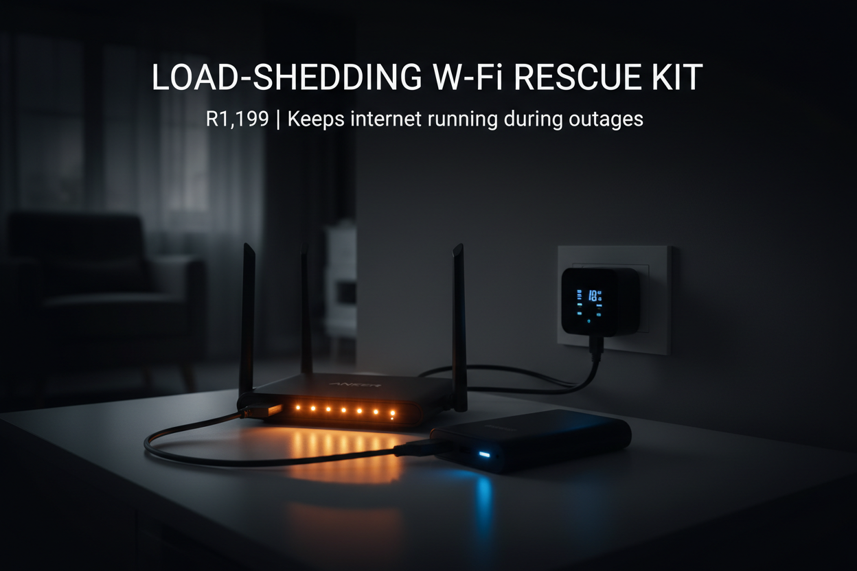 Dark load‑shedding scene with a glowing router & UPS plug.
Include:
• Smart Power Meter UPS Plug
• Anker PowerCore Slim 10,000mAh (shown charging router)

Text overlay:
LOAD‑SHEDDING Wi‑Fi RESCUE KIT
R1,199 | Keeps internet running during outages

Moody background, device highlights illuminated.
