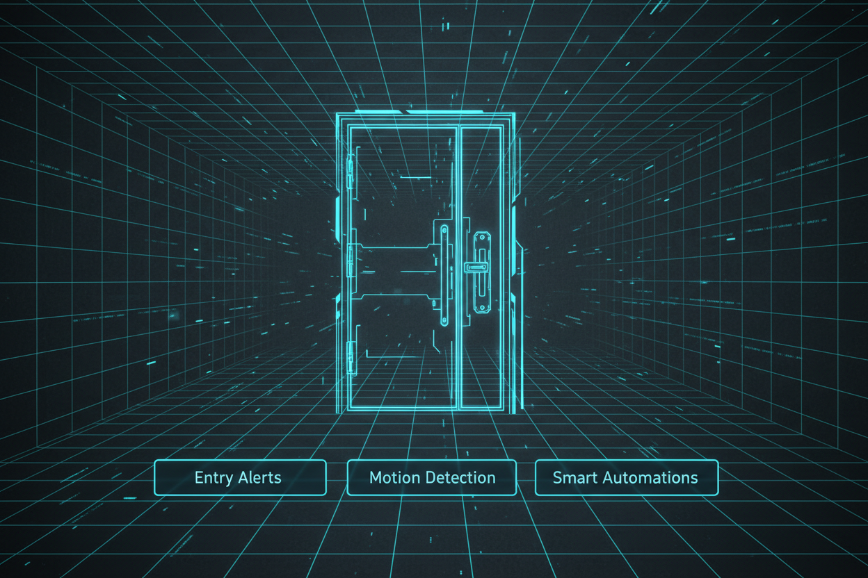 Digital grid blueprint background, door schematic lines glowing, text badges:
Entry Alerts | Motion Detection | Smart Automations, futuristic smart‑home vibe.