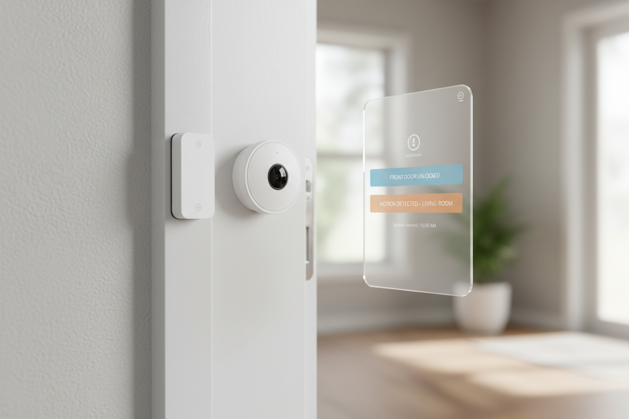 Door frame close‑up showing installed sensor, motion sensor on wall, smartphone alerts UI floating next to door, welcoming daylight neutral color theme.