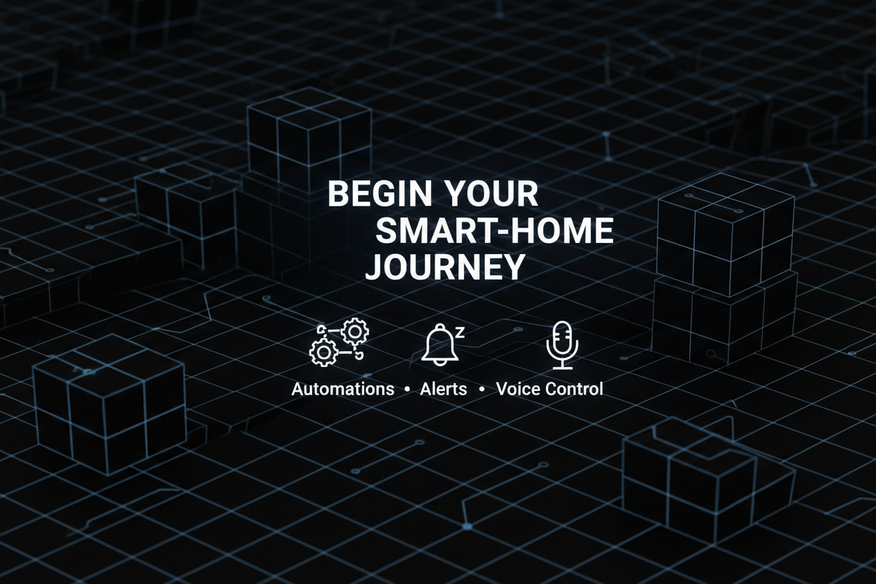 Futuristic Matter‑logo‑inspired graphic, dark blue grid lines, bold headline:
Begin Your Smart‑Home Journey,
clean spec icons: Automations · Alerts · Voice Control