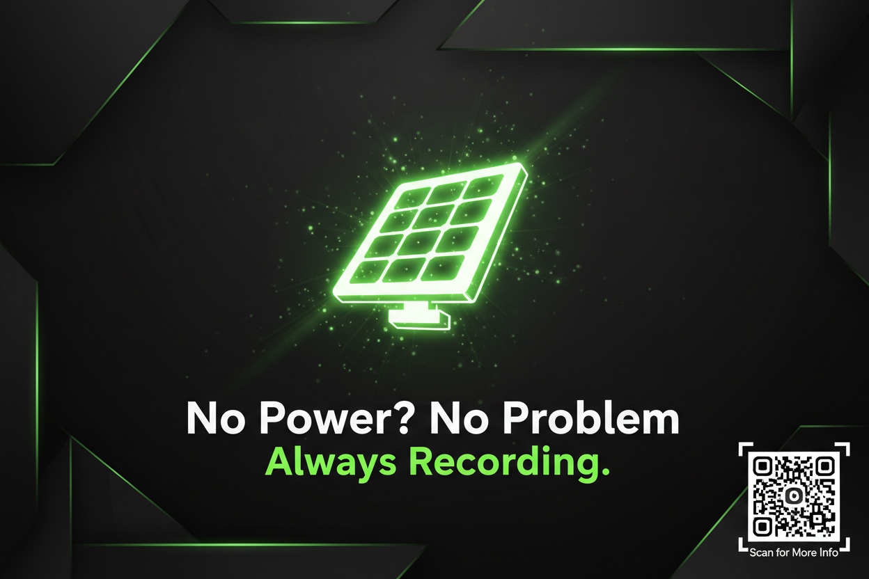 Green + black energy theme, glowing solar icon, bold tagline:
No Power? No Problem — Always Recording., QR‑scan placement mockup.