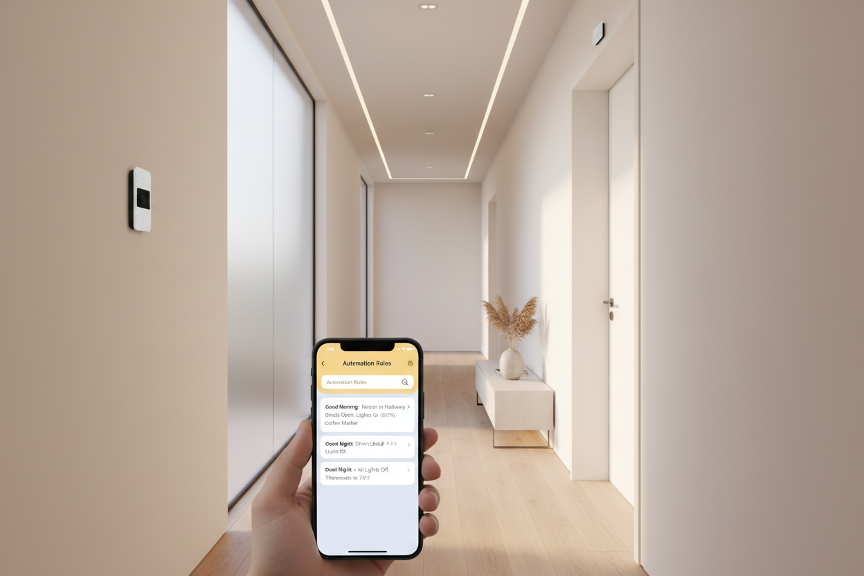 Hallway view with motion & door sensor installed, phone app showing automation rules, calm daylight warm lighting, modern home look.