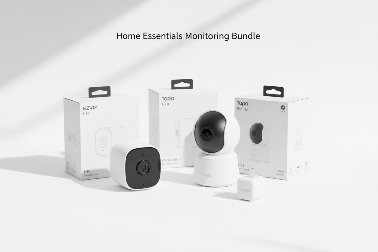High resolution product showcase on clean white studio background, EZVIZ H1C camera and Tapo C210 Pan Tilt camera standing side by side, Kasa HS103 mini smart plug placed front‑right, soft shadows, crisp lighting, modern premium packaging layout, text header subtle: "Home Essentials Monitoring Bundle"