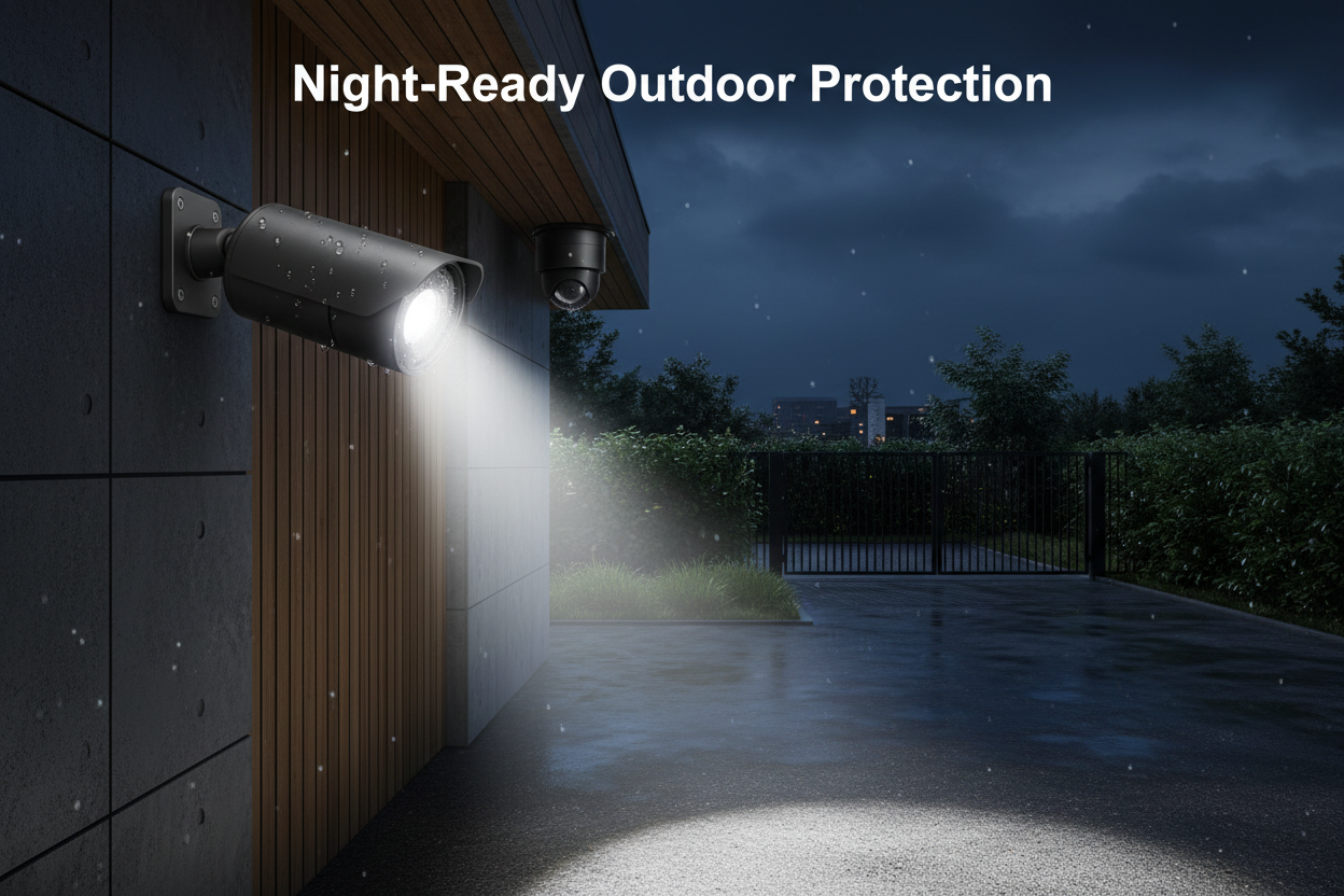 House exterior wall at night, spotlight cam illuminating driveway, second cam watching gate, subtle rain/water droplets to show durability, bright security lighting, tagline overlay: Night‑Ready Outdoor Protection