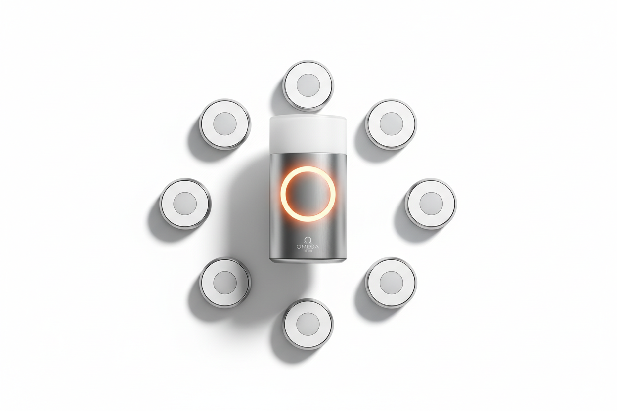 Hub centered dominant, sensors evenly spaced, simple white scene, high‑contrast clarity for online store.