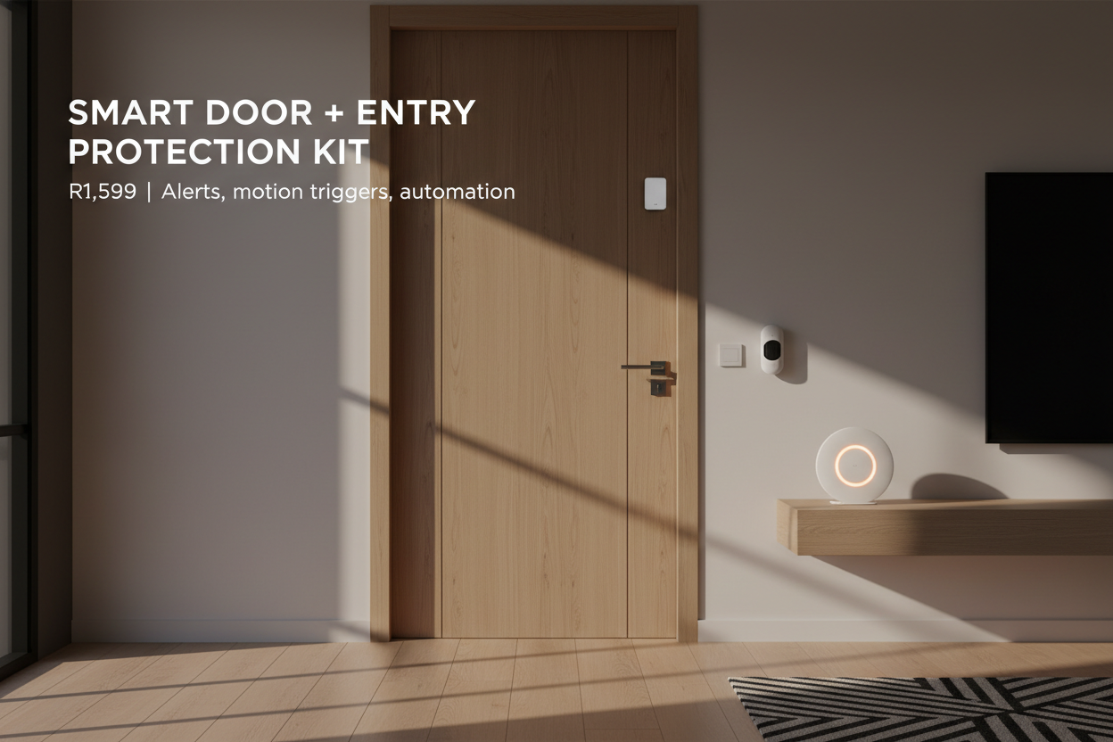 Indoor doorway scene with sensors placed visibly.
Include:
• Aqara door/window sensor
• Aqara PIR Motion Sensor
• Aqara Hub M1S (small round hub with LED ring)

Text overlay:
SMART DOOR + ENTRY PROTECTION KIT
R1,599 | Alerts, motion triggers, automation

Warm indoor lighting, clean wood door, soft shadows.
