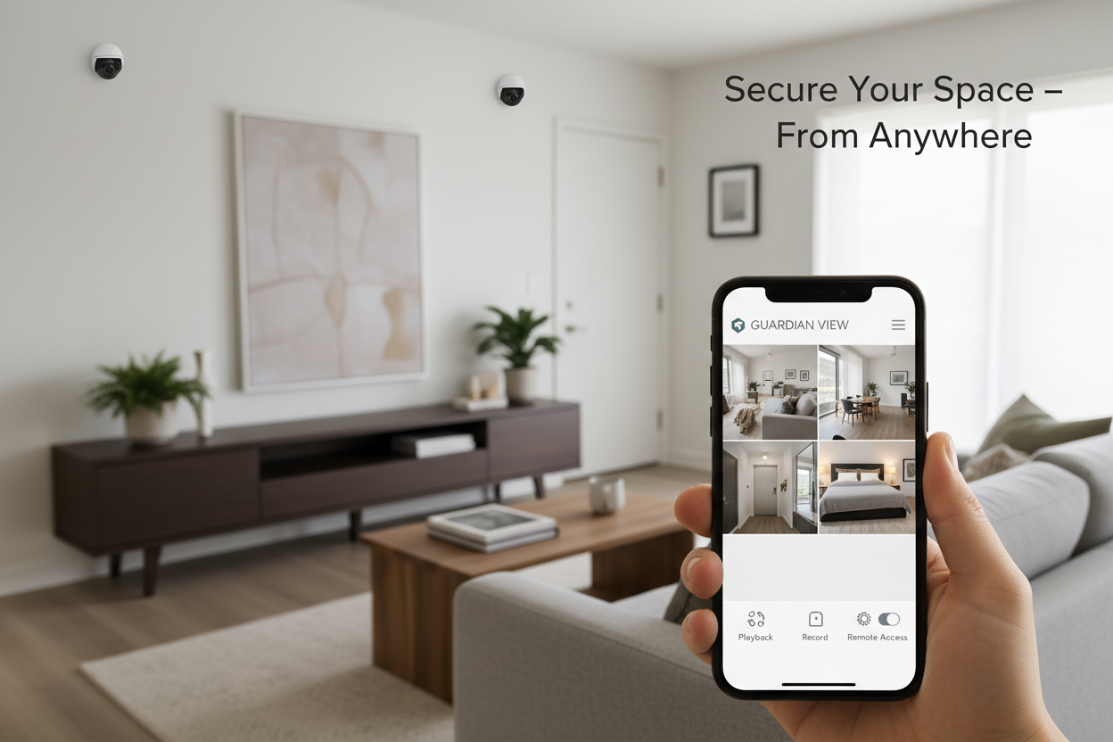 Modern apartment interior, shelf or TV stand background, security cameras placed naturally, soft indoor lighting, phone showing live feed UI, cozy minimalist decor, focus on peace‑of‑mind and remote monitoring, caption text overlay: Secure Your Space – From Anywhere