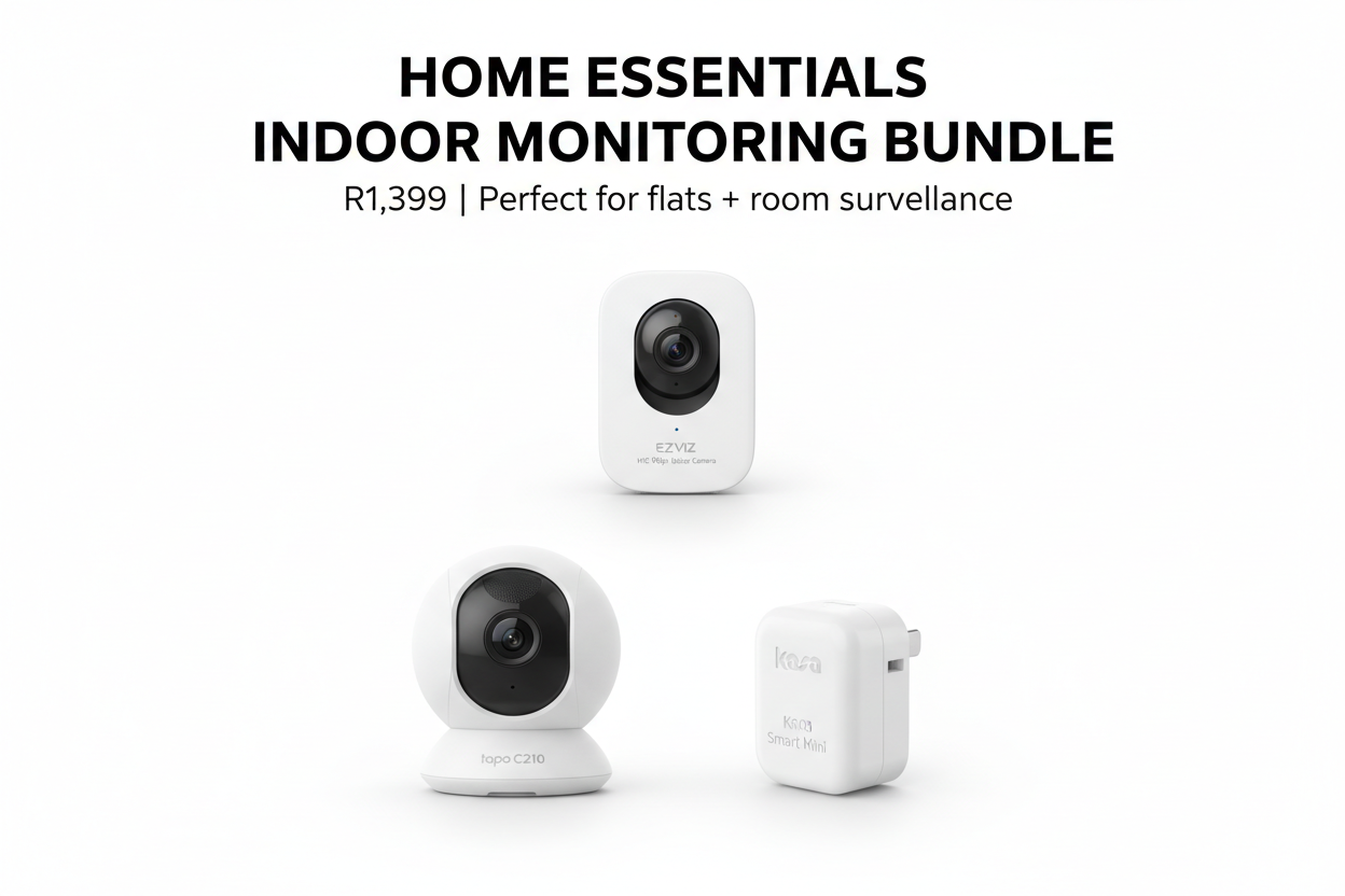 Modern product layout on white background, minimalist tech ecommerce style.
Display items together neatly:
• EZVIZ H1C 1080p Indoor Camera (small white compact cam)
• Tapo C210 Pan/Tilt Camera (sleek white dome cam)
• Kasa HS103 Mini Smart Plug (small white plug)

Text overlay:
HOME ESSENTIALS INDOOR MONITORING BUNDLE
R1,399 | Perfect for flats + room surveillance

Clean lighting, crisp shadows, no background clutter.
