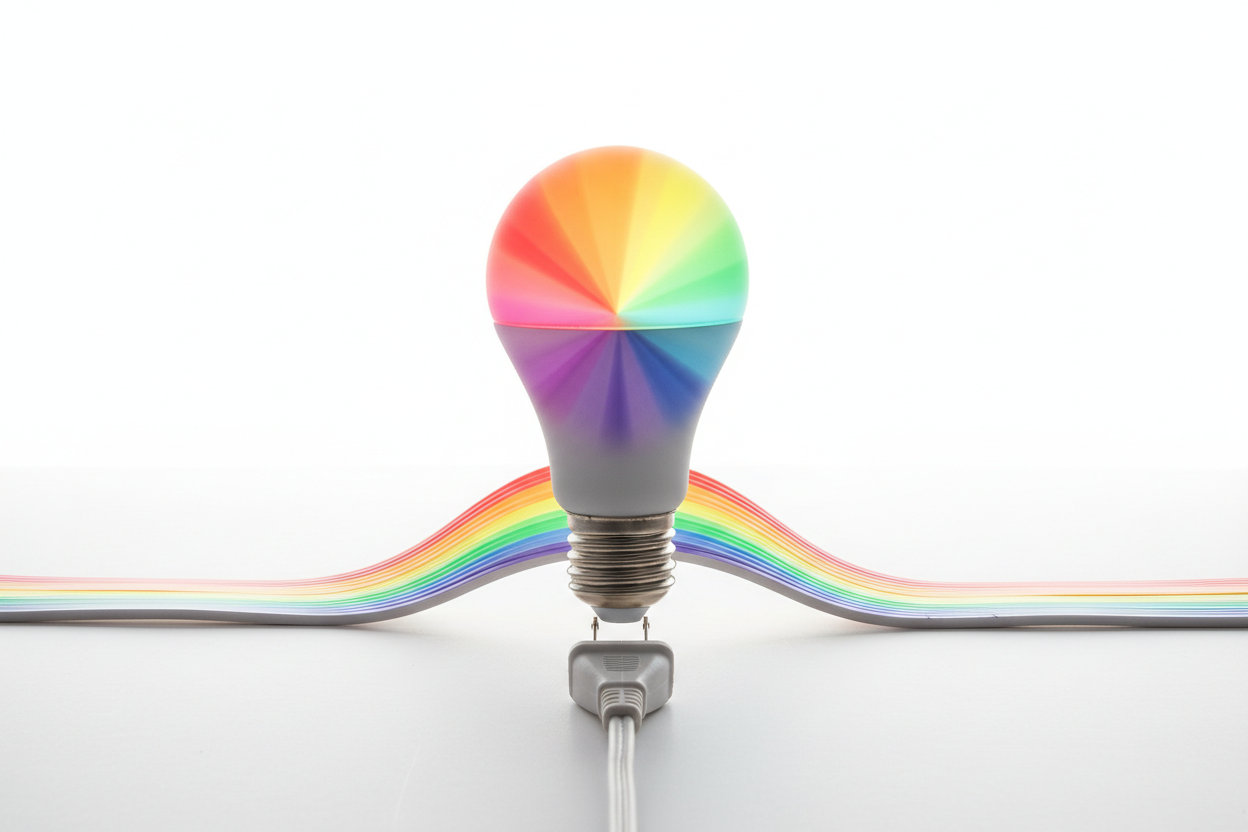 Multi‑color bulb glowing rainbow, LED strip wrapped aesthetically like waves, plug centered below, clean bright studio.