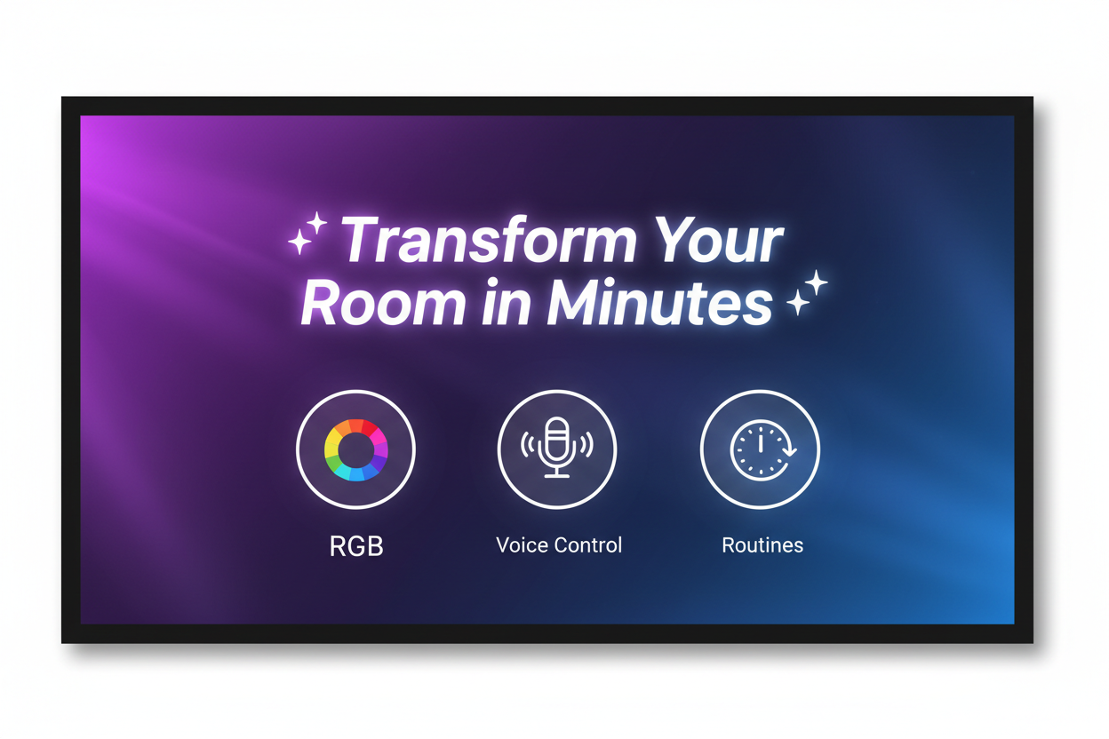 Neon gradient purple‑blue, large glowing headline:
✨ Transform Your Room in Minutes ✨
Feature icons: RGB · Voice Control · Routines

