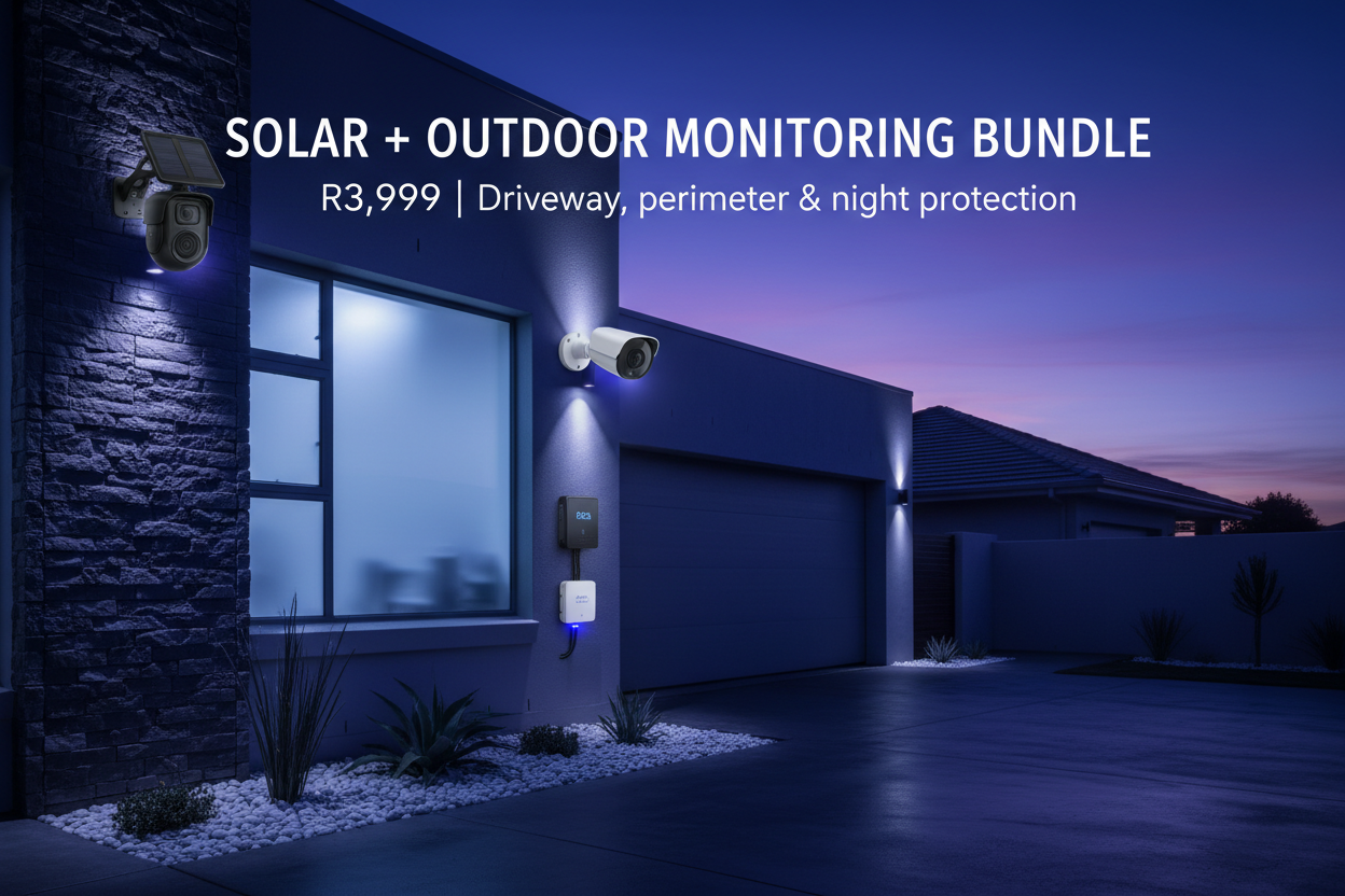Outdoor garden/driveway at dusk, subtle home security mood.
Show:
• Xiaomi Solar Outdoor AW200 (cam with solar panel)
• EZVIZ 4MP PoE Bullet Cam
• Kasa Outdoor Smart Plug (weatherproof plug visible on wall)

Text overlay:
SOLAR + OUTDOOR MONITORING BUNDLE
R3,999 | Driveway, perimeter & night protection

Cool tones, dramatic edges, subtle security glow.
