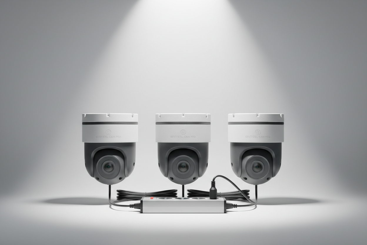 Outdoor security cameras arranged forward‑facing, spotlight glow effect, power strip positioned below, water‑resistant texture hint, bright detail‑sharp lighting, white/grey backdrop, pro marketing layout.