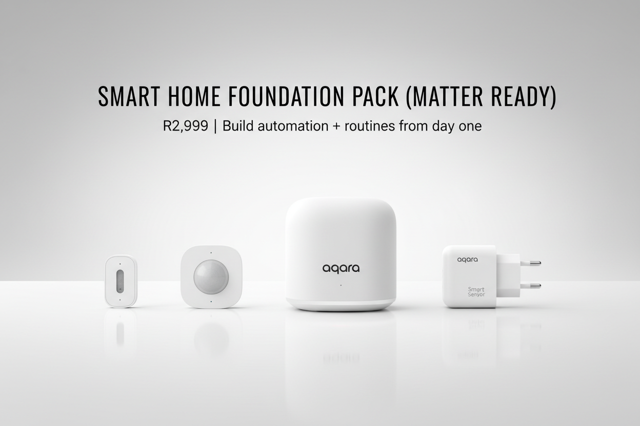 Premium minimal tech branding, white + matte grey.
Show line‑up:
• Aqara Hub M1S Gen2
• Aqara PIR Motion Sensor
• Aqara Door/Window Sensor
• Aqara Smart Plug

Text overlay:
SMART HOME FOUNDATION PACK (MATTER READY)
R2,999 | Build automation + routines from day one

Luxury Apple‑style photography finish.
