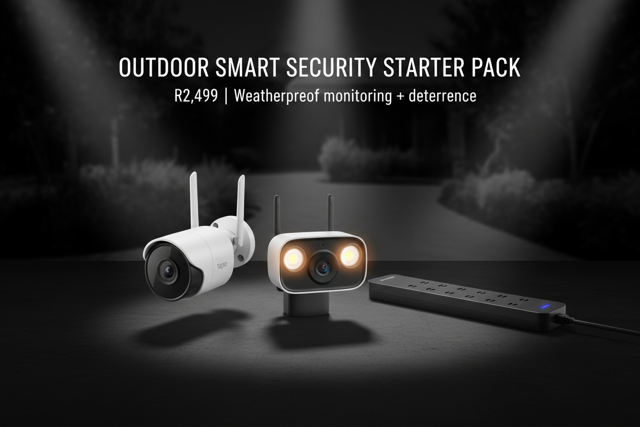 Strong outdoor‑security theme, darker base tone with spotlight effects.
Show product lineup:
• Tapo C310 2K Outdoor Cam (white bullet camera)
• EZVIZ 2K Outdoor Spotlight Cam
• Baseus Smart Power Strip (black or white, long multi‑socket)

Text overlay:
OUTDOOR SMART SECURITY STARTER PACK
R2,499 | Weatherproof monitoring + deterrence

Add subtle garden/driveway background blur.

