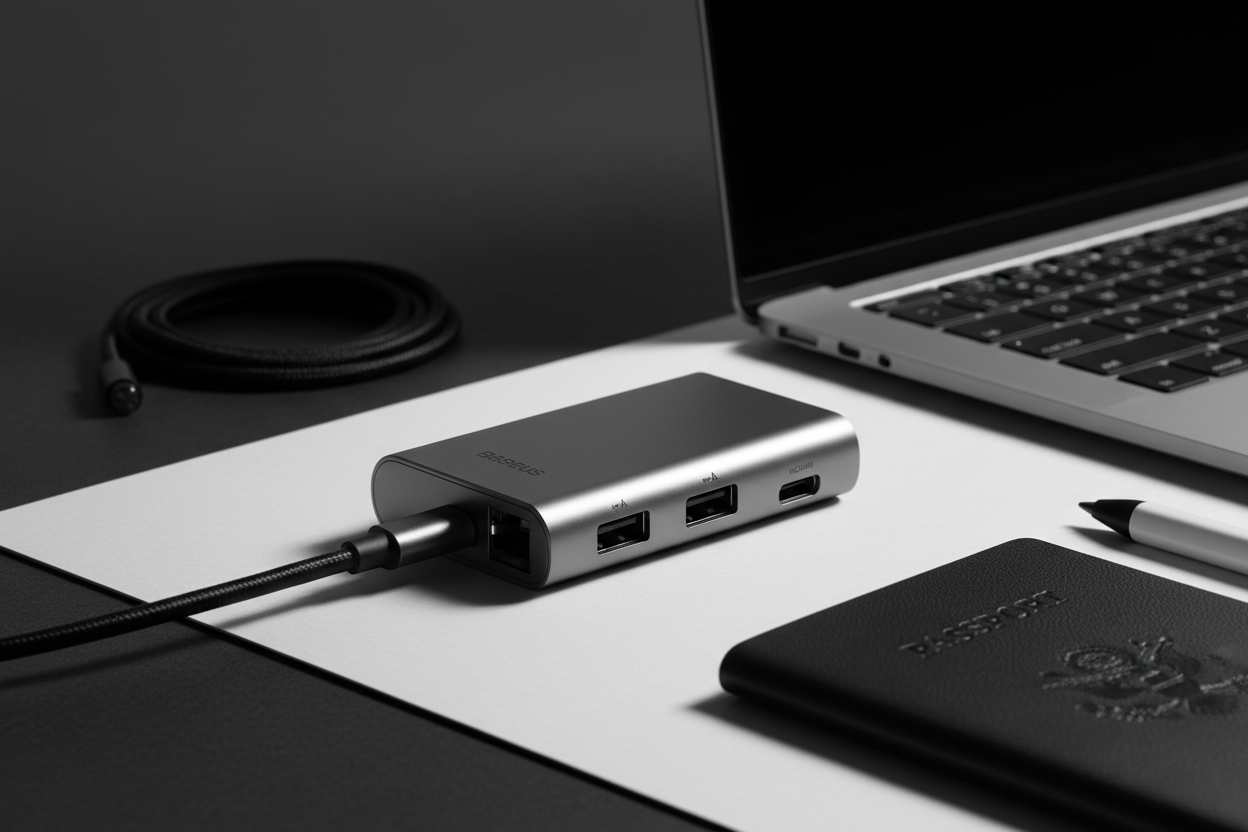 The Baseus USB-C Travel Hub redefines portable connectivity for professionals and digital nomads. This slim, engineered hub consolidates essential connections into a single compact device, eliminating the need for multiple adapters when traveling or working remotely. The integrated 65W Power Delivery passthrough charges your laptop or tablet simultaneously while connecting peripherals—no compromise between power and functionality. HDMI output enables instant projection to displays or external monitors, whil
