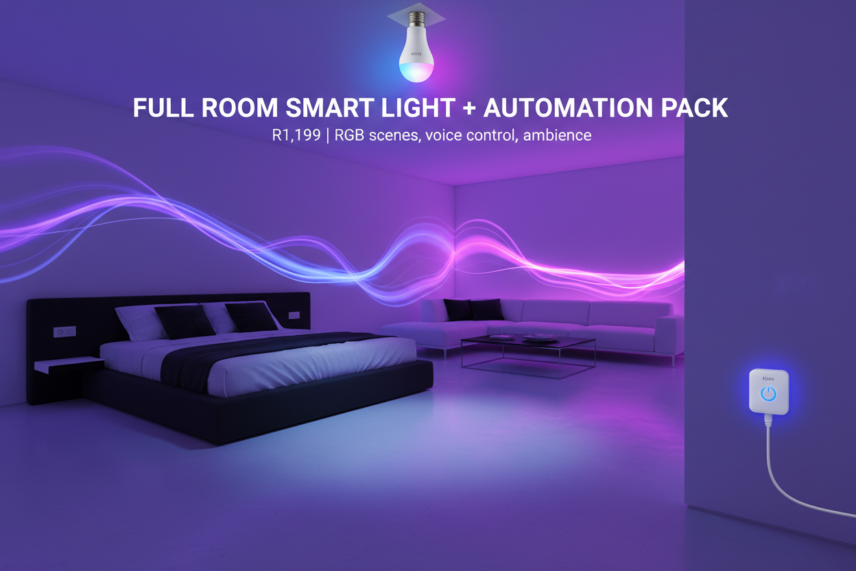 Vibrant RGB room aesthetic — purple/blue light for ambience.
Show items:
• Kasa KL130 Smart Bulb
• Xiaomi RGBW Light Strip
• Kasa HS103 Smart Plug

Text overlay:
FULL ROOM SMART LIGHT + AUTOMATION PACK
R1,199 | RGB scenes, voice control, ambience

Modern bedroom or lounge background, colourful lighting trails.
